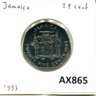 25 CENTS 1993 JAMAICA Moneda #AX865.E.A - Giamaica