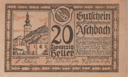 20 HELLER 1920 Stadt ASCHBACH Niedrigeren Österreich Notgeld Banknote #PF340 - [11] Local Banknote Issues