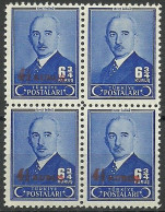 Turkey; 1943 Overprinted Postage Stamp, ERROR "Missing Overprint On Upper Right Stamp" Block Of 4 - Neufs