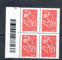 3734 C Marianne De Lamouche Sans Bande De Phosphore Bloc De 4 Timbres Bord De Feuille Avec Code Barre - Neufs