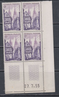 France N° 979 XX Quimper, La Rue Kéréon En Bloc De 4 Coin Daté Du 27 . 7 . 55 ; 2  Traits Sans Charnière, TB - 1950-1959