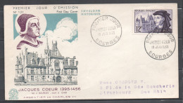 France N° 1034 Oblitéré Sur Enveloppe 1e Jour - Jacques Coeur (1395-1456) Né à Bourges - Argentier Du Roi Charles VII - 1950-1959