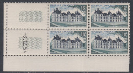 France N° 980 XX Château De Cheverny  En Bloc De 4 Coin Daté Du  6 . 12. 54 ; Sans Trait Sans Charnière, TB - 1950-1959