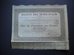 81 - CAGNAC -  STE Des MINES D ALBI - Part De Fondateur + Historique - Bergbau