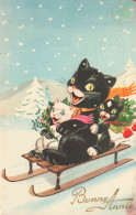 Chats Noirs Humanisés * CPA Illustrateur * Sports D'hiver Luge * Chat Noir Black Cat Katze - Cats