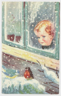 Child Looks Out Of The Window, Birds Winter Snow 1936 Used Vintage Postcard. Publisher Norsk Kunnstnerkort Eneret Norway - Noruega