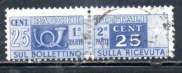 ITALIA REPUBBLICA ITALY REPUBLIC 1946 1951 PACCHI POSTALI PARCEL POST RUOTA WHEEL 1947 CENT. 25c USATO USED OBLITERE' - Paketmarken