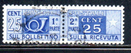 ITALIA REPUBBLICA ITALY REPUBLIC 1946 1951 PACCHI POSTALI PARCEL POST RUOTA WHEEL 1947 CENT. 25c USATO USED OBLITERE' - Colis-postaux