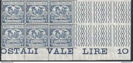 1928 Italia -REGNO, RA N° 2  Dentellatura 14 MNH/** BLOCCO DI SEI ANGOLO DI FOG - Other & Unclassified