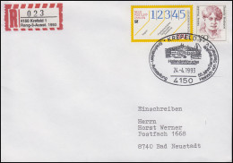 Sonder-R-Zettel 4150 Krefeld Rang-3-Ausst. 1993, R-Bf SSt Krefeld 24.4.1993 - R- & V- Labels