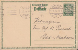 Bayern Postkarte P 93I/01 Neues Wappen DV 14 MÜNCHEN 27.5.1914 Nach Bad Nauheim - Enteros Postales