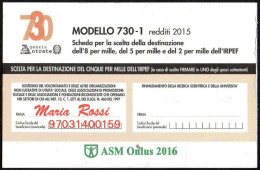 ITALIA 2016 - CALENDARIO TASCABILE - ASM ONLUS - MODELLO 730-1 REDDITI 2015 - SCHEDA DESTINAZIONE 5x1000 - I - Petit Format : 2001-...