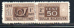 ITALIA REPUBBLICA ITALY REPUBLIC 1946 1951 PACCHI POSTALI PARCEL POST 1947 RUOTA WHEEL CENT 50c. MNH - Paketmarken