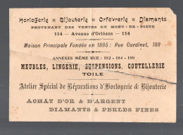 Paris; Avenue D'Orléans   ;  Carte Commerciale Horlogerie Bijouierie Etc (fendue En 2)  .(PPP47187) - Advertising