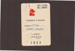 Tessera 1953 - XVII FIERA DEL LEVANTE - TESSERA D'ONORE - Intestata - Membership Cards