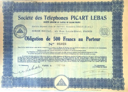 Société Des Téléphones Picart Lebas - Obligation De 500 Francs - 1934 - Paris - Autres & Non Classés