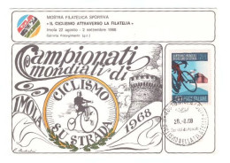 MOSTRA FILATELICA SPORTIVA - IL CICLISMO ATTRAVERSO LA FILATELIA - 3  - IMOLA 1968  - NON VIAGGIATA - Ciclismo