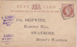 Petit Entier Cartonné Repiqué The Hambledon Hounds Half Penny Brun "Victoria" Obl. Le 13 DE 84 Pour Bishop's - Postwaardestukken