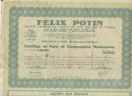 Paris  CERTIFICAT DE PARTS DE COMPENSATION NOMINATIVE FELIX POTIN 1934  (CAT7152) - Andere & Zonder Classificatie