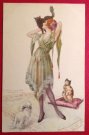 ILLUSTRATEUR " BOMPART - JEUNE FEMME AVEC SES CHATS -  MODE ART DECO - Bompard, S.