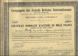 COMPAGNIE DES GRANDS ARTISTES INTERNATIONAUX -CERTIFICAT NOMINATIF D'ACTIONS DE 1000 FRS (DIVISE EN 1000 ACTIONS ) 1935 - Cinéma & Théatre