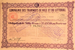 S.A. Compagnie Des Tramways  De Nice Et Du Littoral - Obligation De 1000 Francs 5 % 1930 - Ferrocarril & Tranvías