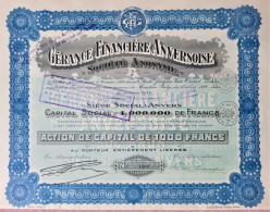 Gérance Financière Anversoise - Action De Capital De 1000 Francs - 1928 - Anvers - Bank & Versicherung