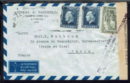 Grèce. 1947-48. N° 538 X 2 + 556 Sur Env. Par Avion D'Athènes Pour Bures-Sur-Yvette (Fr) Bande Avec Cachet De Contrôle. - Brieven En Documenten