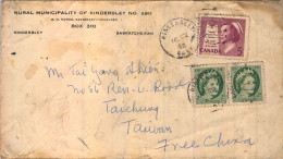 1958 KINDERSLEY - TAICHUNG ( TAIWAN ) , RURAL MUNICIPALITY OF KINDERSLEY , SOBRE CIRCULADO , LLEGADA - Cartas & Documentos