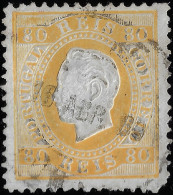 Portugal 1883 Y&T 43aA. 80 R Jaune Oblitéré. Papier Couché, Dentelé 12 1/2. Y&T 23 € - Used Stamps