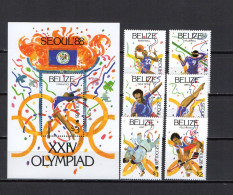 Belize 1988 Olympic Games Seoul, Basketball, Judo, Hockey Etc. Set Of 6 + S/s MNH - Estate 1988: Seul