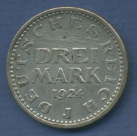 Dt. Reich Weimar 3 Mark Kursmünze 1924 J, J 312 Ss Kratzer (m3533) - 3 Marcos & 3 Reichsmark