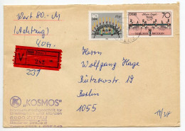 Germany, East 1988 Insured Mail V-Label Cover; Zittau To Berlin; 70pf. Marx-Engels Bridge & 40pf. Chandelier Stamps - Storia Postale