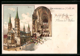 Lithographie Bamberg, Aussen- Und Innenansicht Vom Dom  - Bamberg