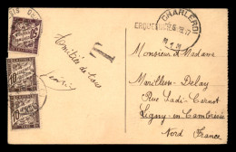 CARTE TAXEE - 1 TIMBRE A 50C N°37 ET 2 TIMBRES A 10 SUR CARTE DE BELGIQUE ENVOYEE A LIGNY EN CAMBRESIS (NORD) - 1859-1959 Lettres & Documents