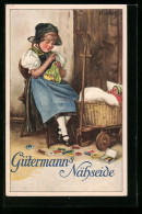 Künstler-AK Curt Liebich: Junges Mädchen Näht Ein Puppenkleid, Reklame Für Gütermann`s Nähseide  - Advertising