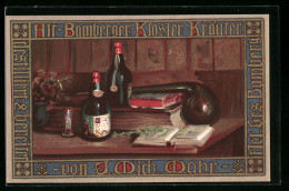 AK Bamberg, J. Rich. Dahn, Alt-Bamberger Kloster-Kräuter-Tafellikör, Flaschen Und Buch  - Advertising