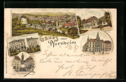 Lithographie Pforzheim, Seehaus, Kunstgewerbeschule, Krieger-Denkmal  - Pforzheim