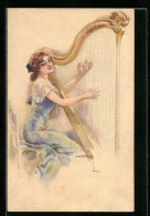 Künstler-AK Luis Usabal: Junge Frau Spielt Harfe  - Usabal