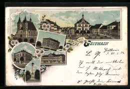 Lithographie Geithain, Bahnhof, Nikolaikirche, Kaiserl. Postamt, Kriegerdenkmal  - Geithain