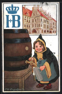 Künstler-AK P.O.Engelhard (P.O.E.): Münchner Kindl Am Bierfass, Hofbräuhaus In München  - Engelhard, P.O. (P.O.E.)