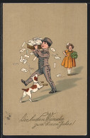 Künstler-AK Postbote Trägt Einen Korb Voller Briefe Während Hund Spielen Will  - Poste & Postini