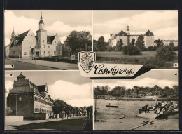 AK Coswig, Rathaus, Sparkasse, Ehem. Schloss, Elbfähre, Wappen  - Coswig