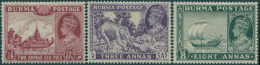 Burma 1938 SG25-29 Royal Barge, Burma Teak, River Irrawaddy, 3 Values KGVI MH - Myanmar (Burma 1948-...)