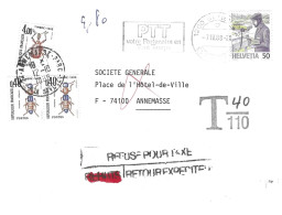 Taxe Mixte 4,80 F Insectes Et SATAS Annemasse 12/10/1988 Sur Lettre Limitrophe Insuffisamment Affranchie De Genève - 1960-.... Storia Postale