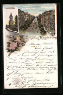 Lithographie Magdeburg, Kaiserstrasse, Kriegerdenkmal  - Maagdenburg