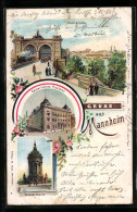 Lithographie Mannheim, Rheinbrücke, Kaiserliches Postamt, Wasserthurm  - Mannheim