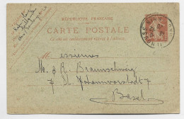 ENTIER SEMEUSE 10C CARTE POSTALE MULHOUSE HAUT RHIN 15.12.1920 POUR BASEL SUISSE - Cartes Postales Types Et TSC (avant 1995)