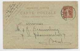 ENTIER SEMEUSE 10C CARTE POSTALE MULHOUSE HAUT RHIN 15.12.1920 POUR BASEL SUISSE - Standard Postcards & Stamped On Demand (before 1995)