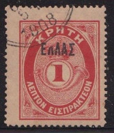 CRETE 1908 Postage Due 1 L. Red Overprinted Small ELLAS With Plate Error D 10 H "L Much Broken On Top" Position 38 - Crète